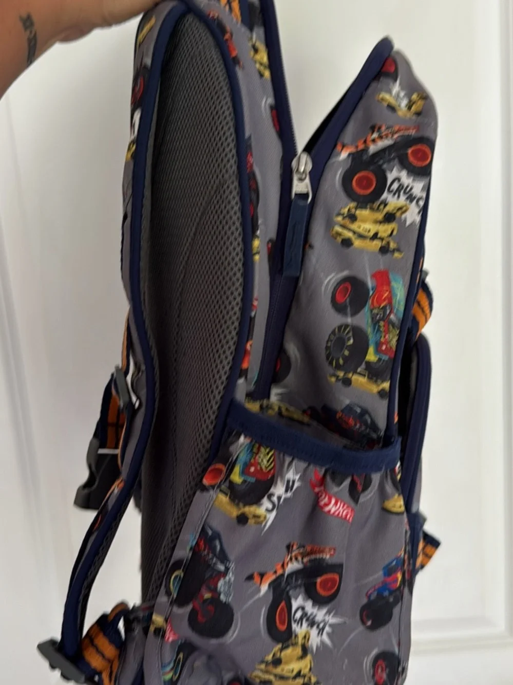 Pottery Barn Kids Gray Backpack with Navy and Orange Monster Truck Print